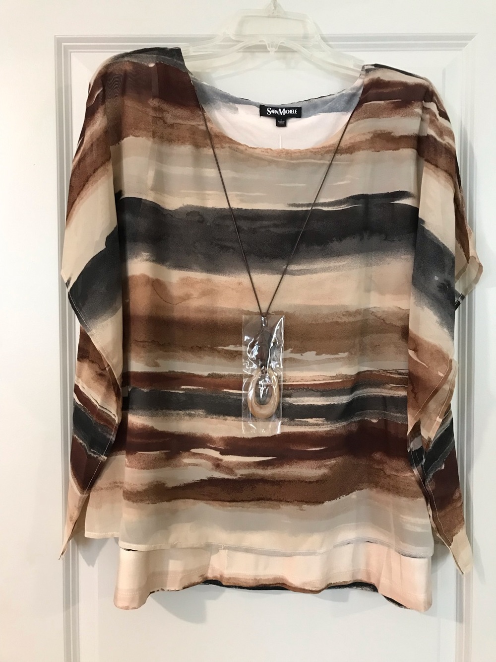 NWT-Sara Michelle Brown and Cream Striped Sheer Blouse with Pendant